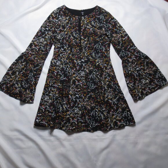 LUCCA womens DRESS black HOLIDAY boho BELL SLEEVES pleats SPLATTER SIZE M - Picture 1 of 11